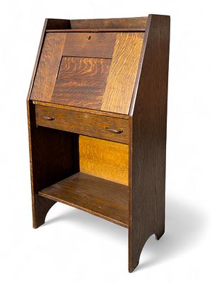 Gustav Stickley Drop Front Desk. Gustav Stickley drop front desk retaining Morphy's Auction 