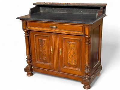 Victorian Walnut Marble Top Wash Stand. Victorian walnut marble top wash stand with paneled oak 