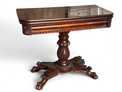 Mahogany Classical Card Table. Carved mahogany classical card table with heavy base pedestal and 
