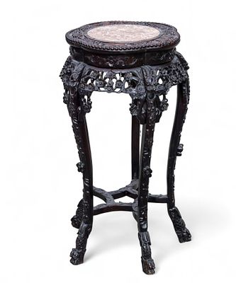 Carved Rosewood Marble Top Stand ~33"H. Carved rosewood pedestal / planter stand with marble top 