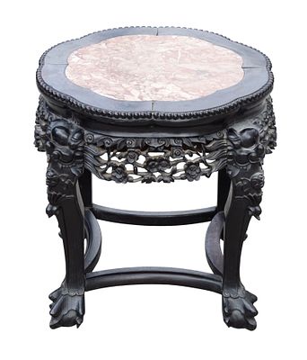 Carved Rosewood Marble Top Stand ~19" H. Rosewood pedestal stand with marble top and intricately 