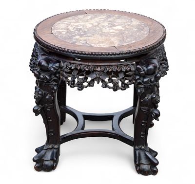 Carved Rosewood Marble Top Stand ~18" H. Rosewood planter stand with marble top. Measures 