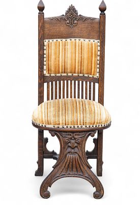 Unsual Figural Carved Antique Oak Chair. Antique oak carved with figural head and upholstered 
