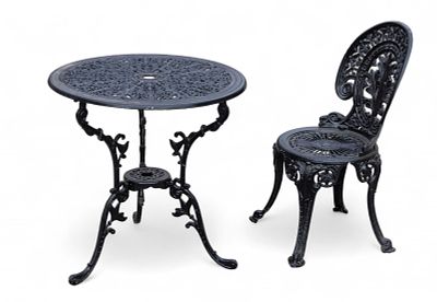 Cast Metal Chair, Table. Cast metal patio chair and table. Table measures approx. 28" H x 27" 