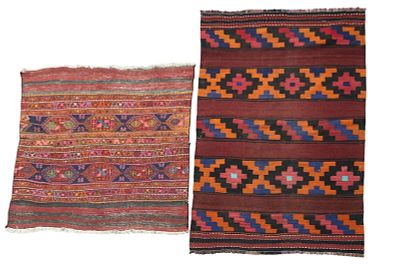 Kilim Rugs (2). Two Kilim rugs. Larger rug measures approx. 5' 8" L x 3' 8" W. Condition: 