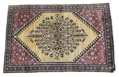 Persian Silk Mat. Fine Persian silk mat. Measures approx. 3' L x 2' W. Condition: Absence of a 