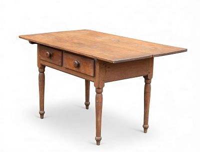 Antique PA Walnut 2 Drawer Farm Table. Early walnut Pennsylvania 2-drawer farm table with turned 