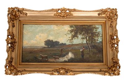 Henry Martin (UK 19th C) Oil Painting. A 19th C oil painting depicting a shepherd and his family 