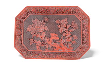 Carved Cinnabar Lacquer Tray. Octagonal Asian carved cinnabar lacquer tray featuring foliate 