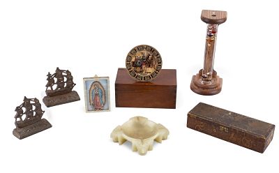 Galileo Thermometer, Iron Bookends, Ashtray, Boxes. A contemporary Galileo thermometer on wooden 