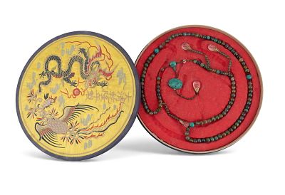 Qing Jade Howlite Court Bead Strand in Box. A strand of Qing dynasty court beads featuring 