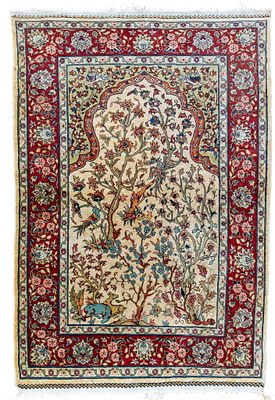 Fine Silk Hereke Rug. Fine silk Hereke rug measuring approx. 3'7" x 2'7". Includes tree and 