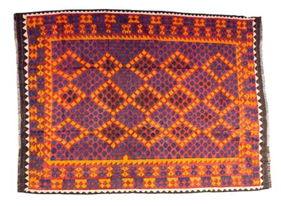 Afghan Kilim Rug. Colorful Afghan Kilim with blue, red, orange and black, in geometric pattern 