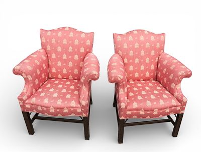 Chinese Chippendale Upholstered Armchairs (2). Pair of Chinese Chippendale upholstered 