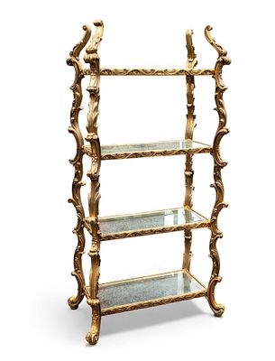 Ornate Rococo Style Etagere. Italian or French Rococo style gilt and glass 4 level shelving unit 