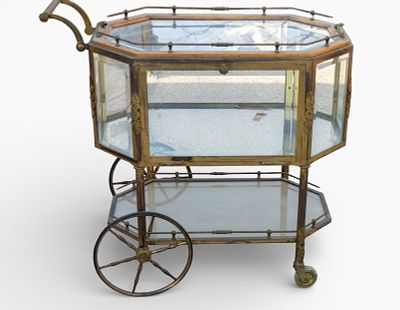 Victorian Glass and Bronze Serving Cart. Victorian beveled glass serving cart with bronze 