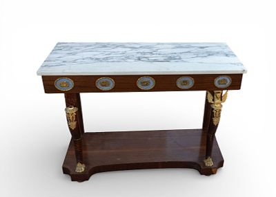 French Marble Top Console Table. French marble top console table featuring figural bronze 