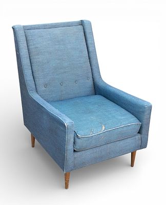 Mid Century Angular High-Back Blue Lounge Chair. High-back blue upholstered lounge chair 
