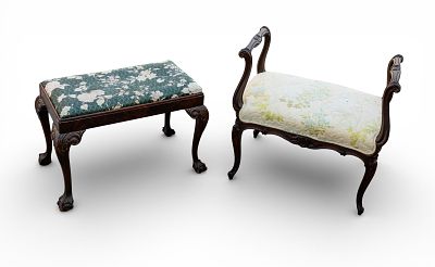 Queen Anne-Style Walnut Footstool + Bench. Pair of carved wood footstools or low window seats 