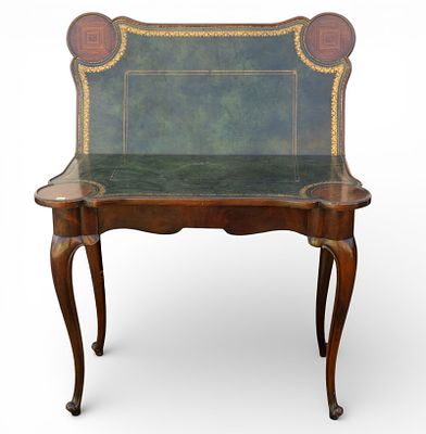 French Leather-Top Card / Game Table. French green leather-top folding card/game table. Measures 