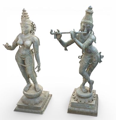 Pair of Large Hindu Deity Bronze Statues >4'H. Large, patinated bronze statues depicting the 