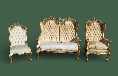 Rococo Style French Gold-Leaf Parlor Set (3 Pcs). Carved French gold-leaf parlor set comprising 