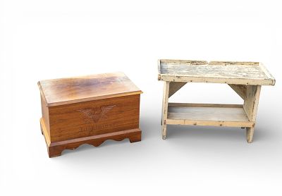 Walnut Eagle Chest, Rare PA Antique Waterbench. Diminutive walnut chest / storage chest with 