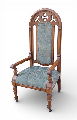19th C Walnut Bishop's Arm Chair. Antique high arched back carved wooden Bishop's armchair with 