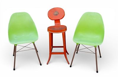 Vintage Red Metal Kitchen Stool, Molded Chairs. Lot includes a vintage red metal industrial 