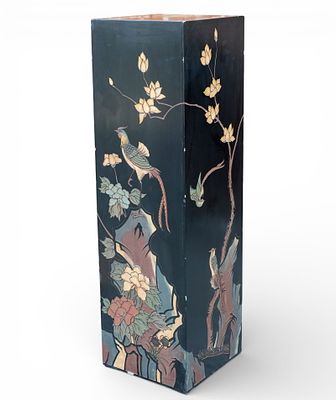 Paint Decorated Stand w/ Bird, Flower Motifs. Paint decorated black square pillar / display 
