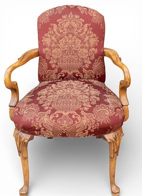 Quality Carved Queen Anne-Style Arm Chair. Queen Anne style armchair with red and gold brocade 