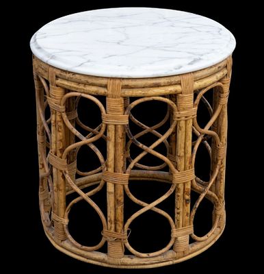 Mid-Century Rattan / Bamboo Table, Marble Top. Mid-Century rattan and bamboo side table with 