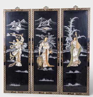 3 Lacquered Figural Panels ~3'H. 3 lacquered decorative art panels, each featuring figural 