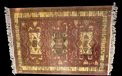 Loomed Caucasian Area Rug. Loomed Caucasian area rug with yellow and red tones and geometric 