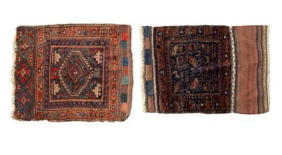 Antique Bagfaces (2) Woven Textiles. 2 antique bagfaces. Larger measures approx. 2'3" x 2'. 