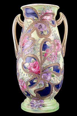 Antique Japanese Satsuma Vase. 20th Century double handled Japanese Satsuma hand-painted footed 