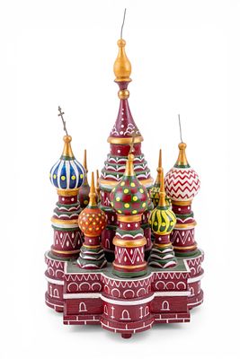 Handpainted Russian Music Box, St. Basil's Cath. Hand painted and signed wooden Russian music 