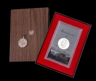 Eisenhower Proof Dollar & Silver Coin Pendants. 1973 Eisenhower proof dollar in original 