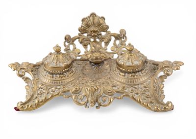 19th C Ornate 2 Port Brass Inkwell. Substantial c. late 19th C European ornate Rococo brass 