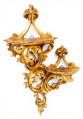 Italian / Rococo Style Gilt Wood Wall Shelf. Italian carved gilt wood Rococo style double tiered 
