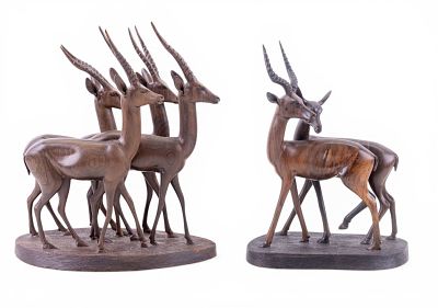 2 Signed Carved Wood Antelope Figurines. Pair of high quality carved wood antelope figurines 