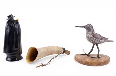 Wood Duck Decoy, Early Powder Horn, and More. Signed hand painted wood duck decoy on wood stand 