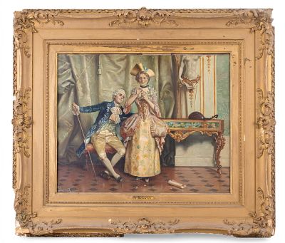 Framed Oil On Canvas, G. Bonatti. Oil on canvas depicting an 18th Century courtship scene 