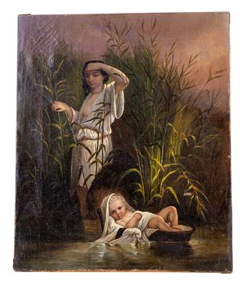 19th C O/C Moses Among the Reeds. 19th Century / antique religious oil painting depicting 