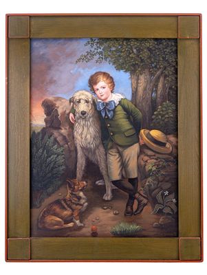 Signed Gre Gerardi Portrait of Boy with Dogs. Painting depicting a young boy in period dress 
