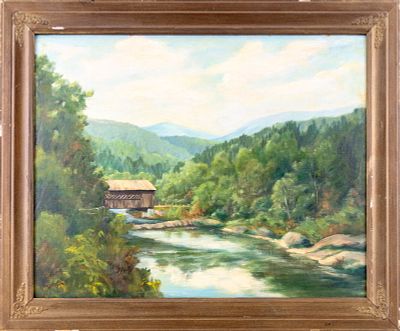 Signed Oil on Board Landscape Painting. Oil on board landscape painting depicting a covered 