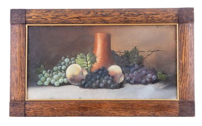 Signed Pastel Still Life w/ Grapes. Framed pastel still life drawing depicting a tabletop 