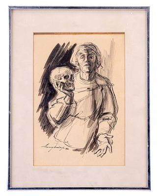 Signed 1960 Charcoal Drawing of Hamlet. Expressive charcoal and ink drawing on paper depicting a 
