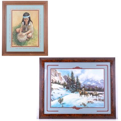 Western Landscape & Native Am. Portrait. Group of framed decorative prints, including a winter 