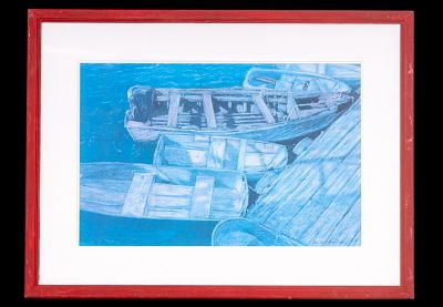 Alice Bach Hyde Print of Fishing Boats / Dinghys. Framed print depicting fishing boats and dock 